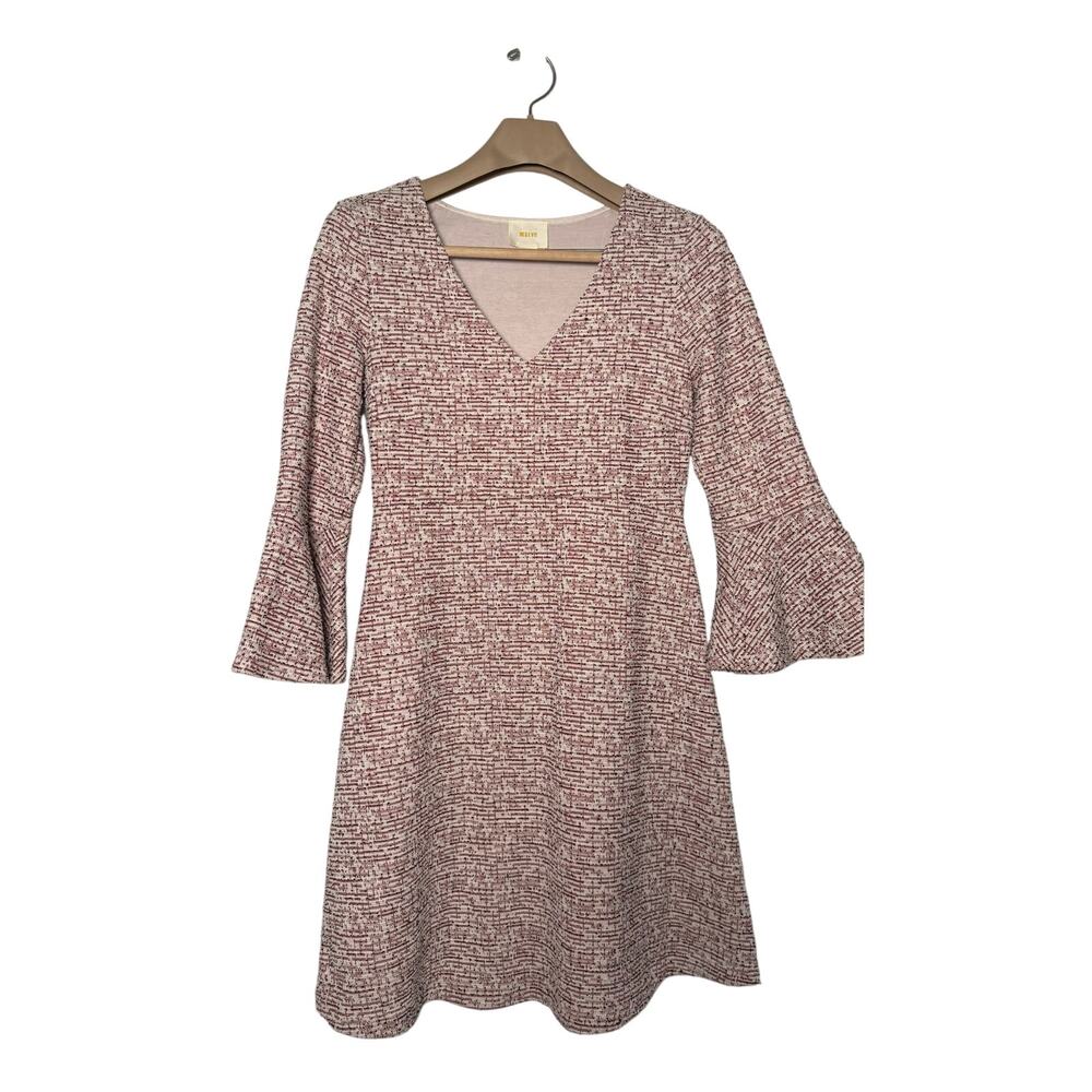 Maeve Susie Tweed Swing Dress Anthropologie Size SMALL Ivory Red Long Sleeve